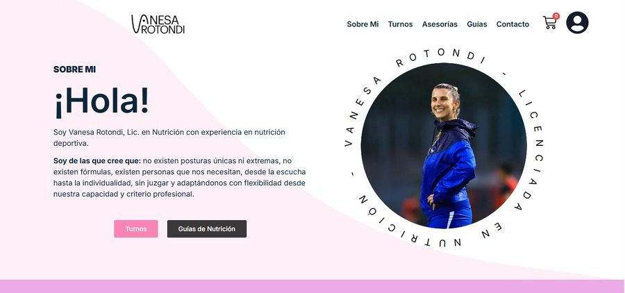 Captura del sitio de Vanesa Rotondi Nutrición, con turnos online y tienda de guías